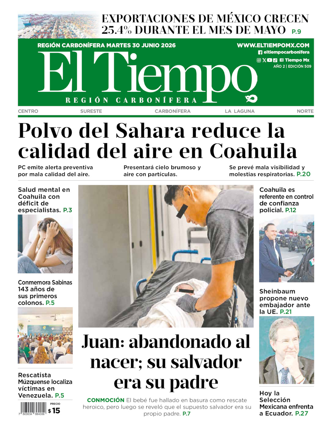 Edición impresa: Portada del martes 30 de junio de 2026, El Tiempo región <strong>Carbonífera</strong>