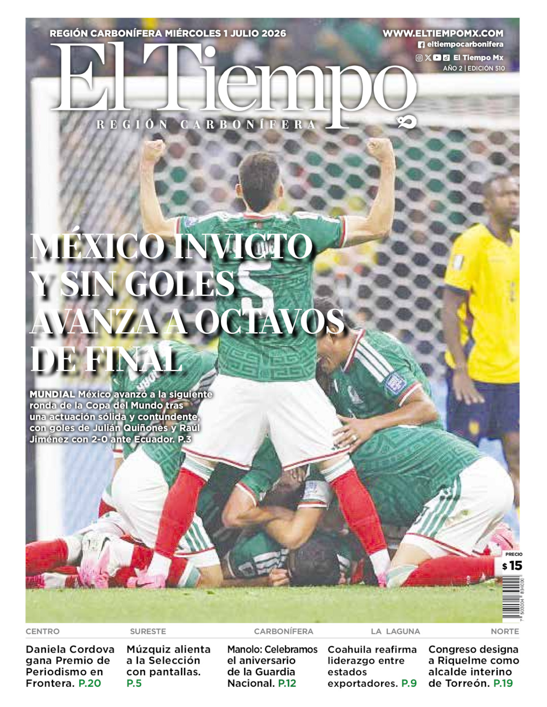 Edición impresa: Portada del miércoles 01 de julio de 2026, El Tiempo región <strong>Carbonífera</strong>