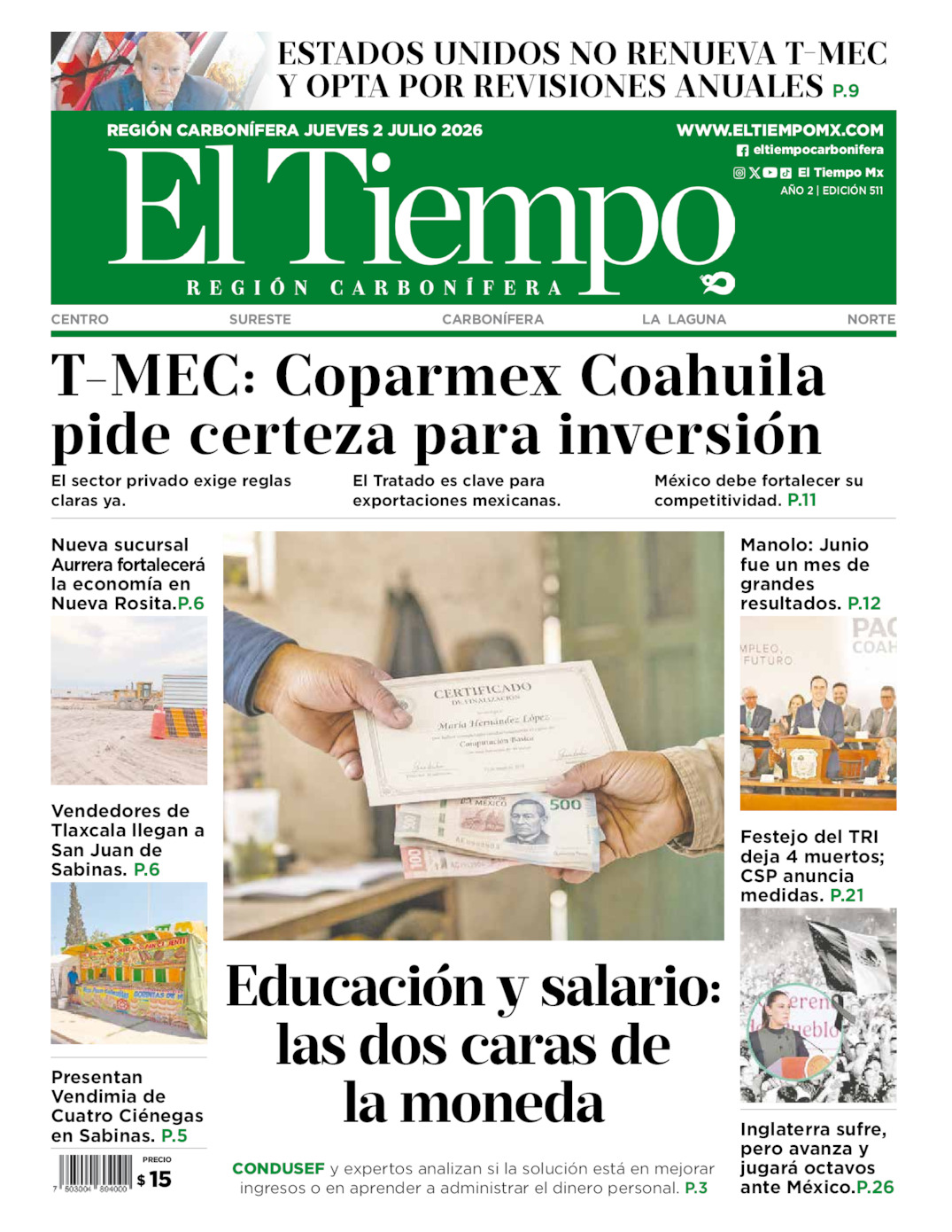 Edición impresa: Portada del jueves 02 de julio de 2026, El Tiempo región <strong>Carbonífera</strong>