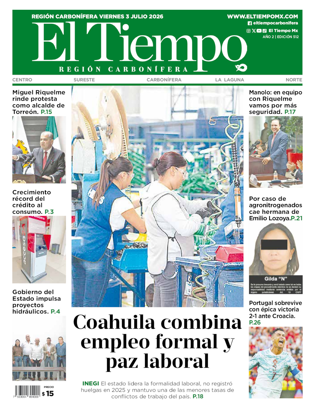Edición impresa: Portada del viernes 03 de julio de 2026, El Tiempo región <strong>Carbonífera</strong>