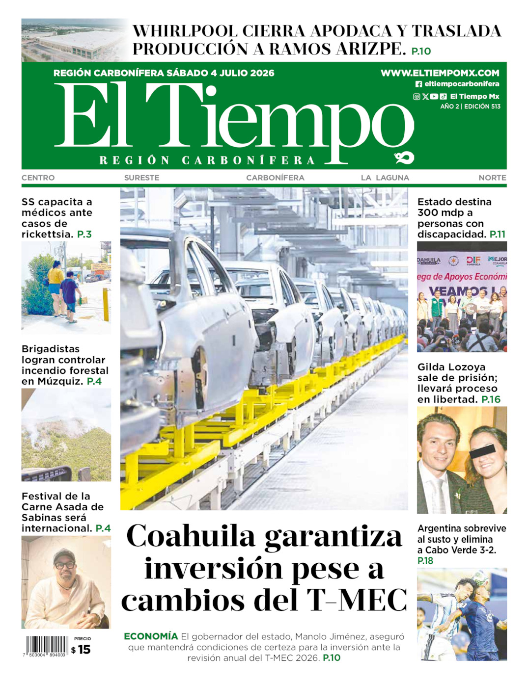 Edición impresa: Portada del sábado 04 de julio de 2026, El Tiempo región <strong>Carbonífera</strong>