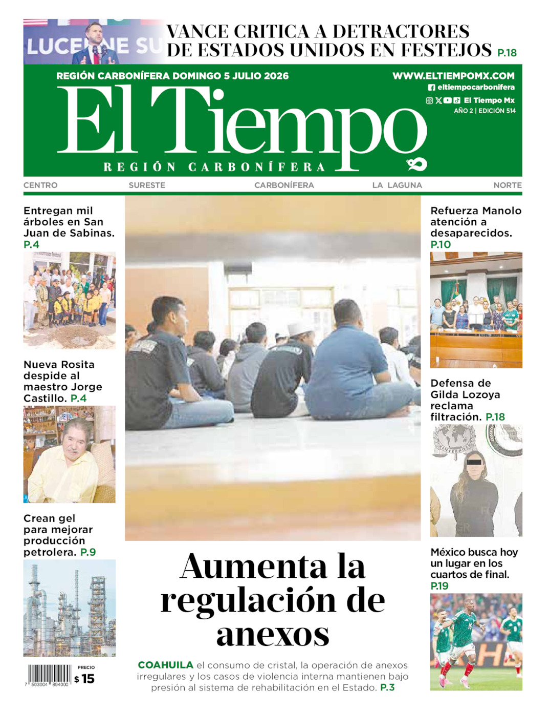 Edición impresa: Portada del domingo 05 de julio de 2026, El Tiempo región <strong>Carbonífera</strong>