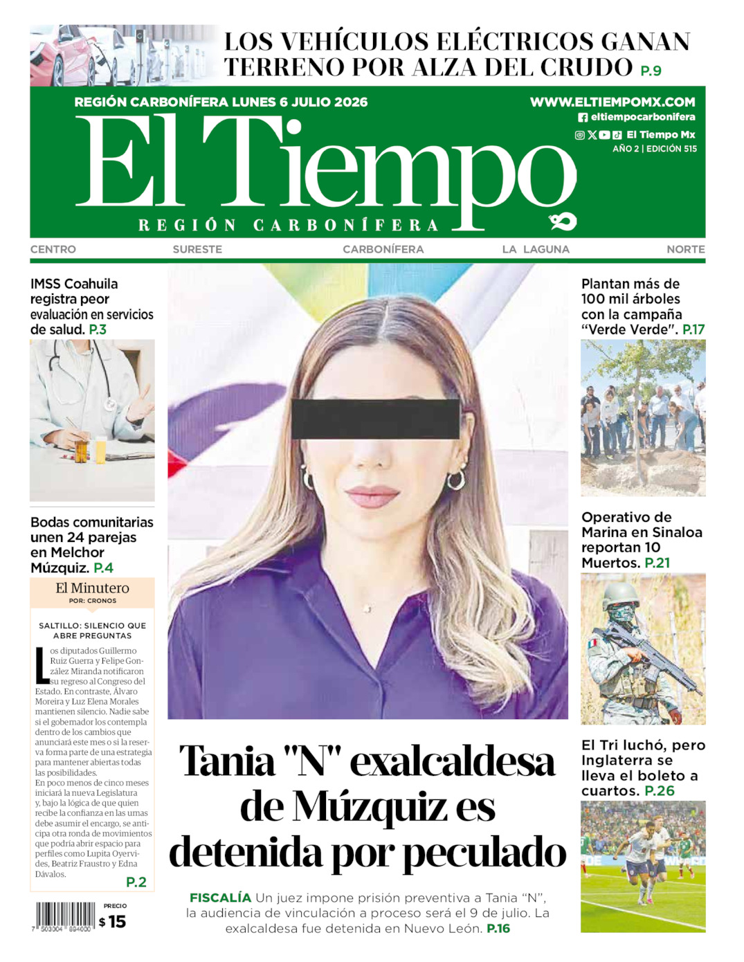 Edición impresa: Portada del lunes 06 de julio de 2026, El Tiempo región <strong>Carbonífera</strong>
