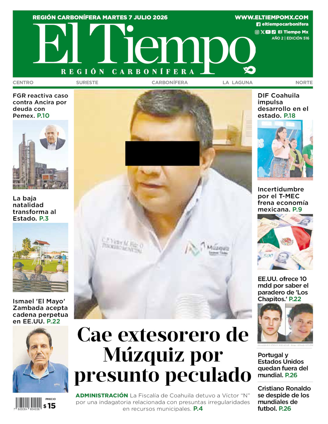 Edición impresa: Portada del martes 07 de julio de 2026, El Tiempo región <strong>Carbonífera</strong>