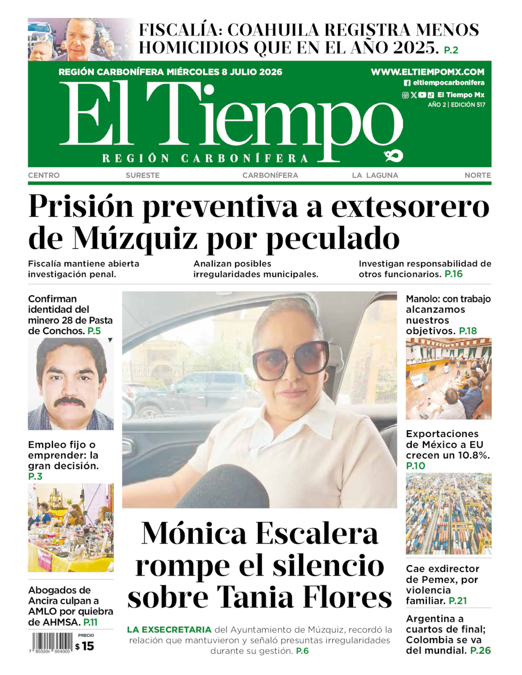 Edición impresa: Portada del miércoles 08 de julio de 2026, El Tiempo región <strong>Carbonífera</strong>