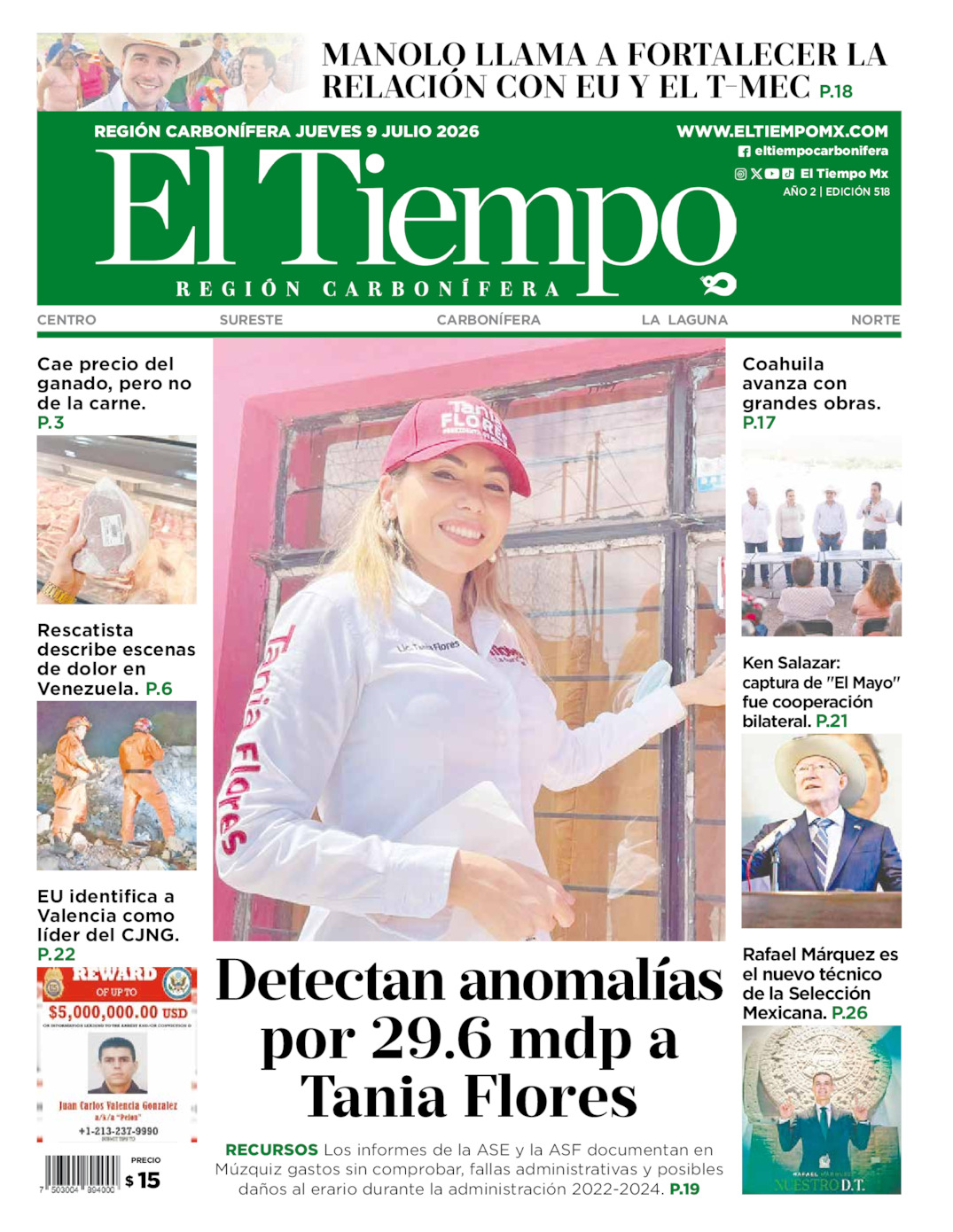 Edición impresa: Portada del jueves 09 de julio de 2026, El Tiempo región <strong>Carbonífera</strong>