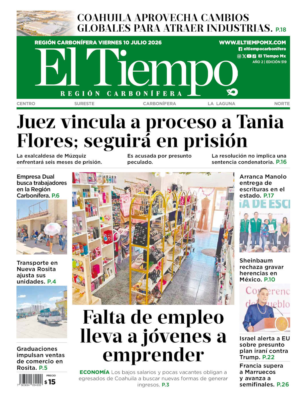 Edición impresa: Portada del viernes 10 de julio de 2026, El Tiempo región <strong>Carbonífera</strong>