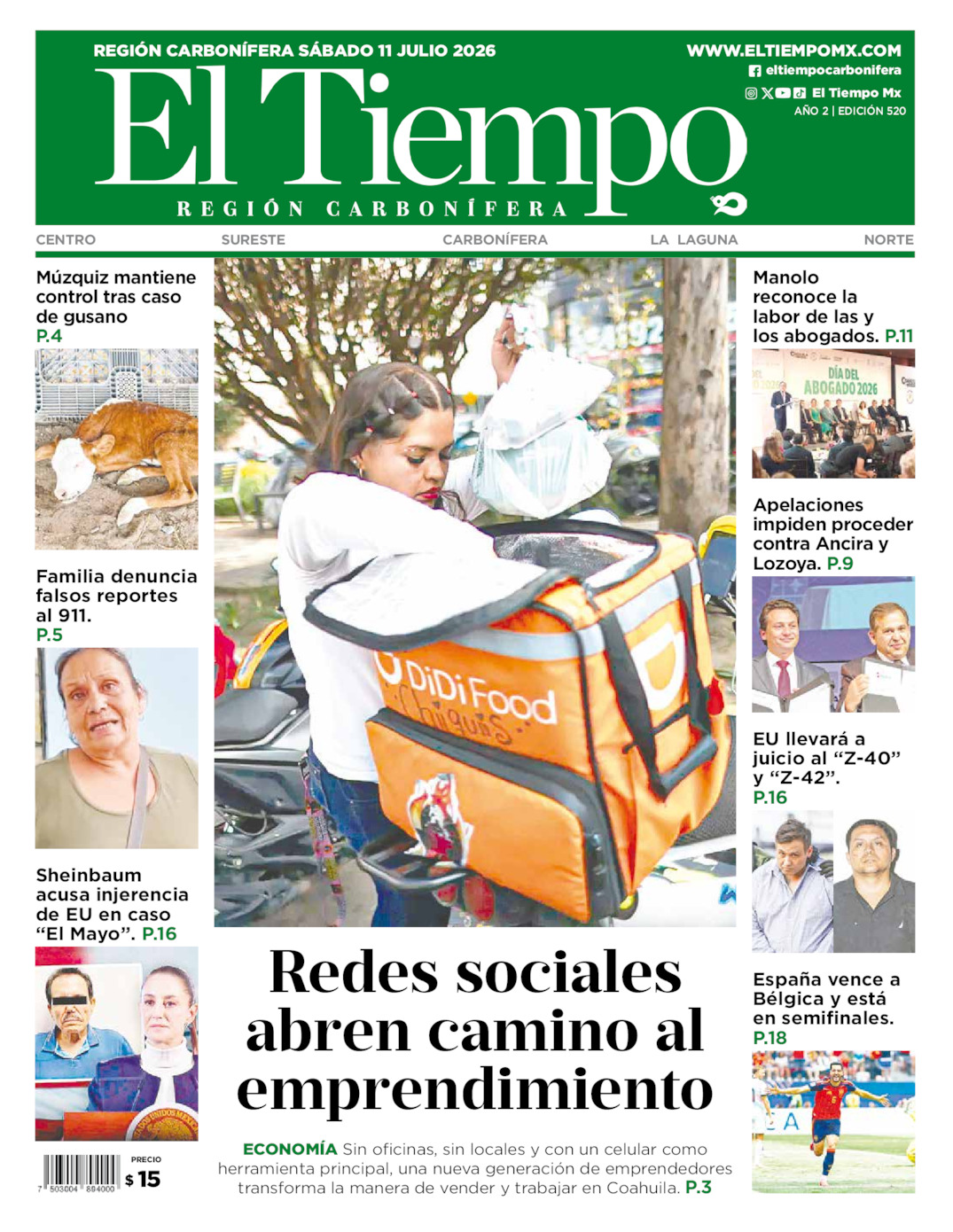 Edición impresa: Portada del sábado 11 de julio de 2026, El Tiempo región <strong>Carbonífera</strong>