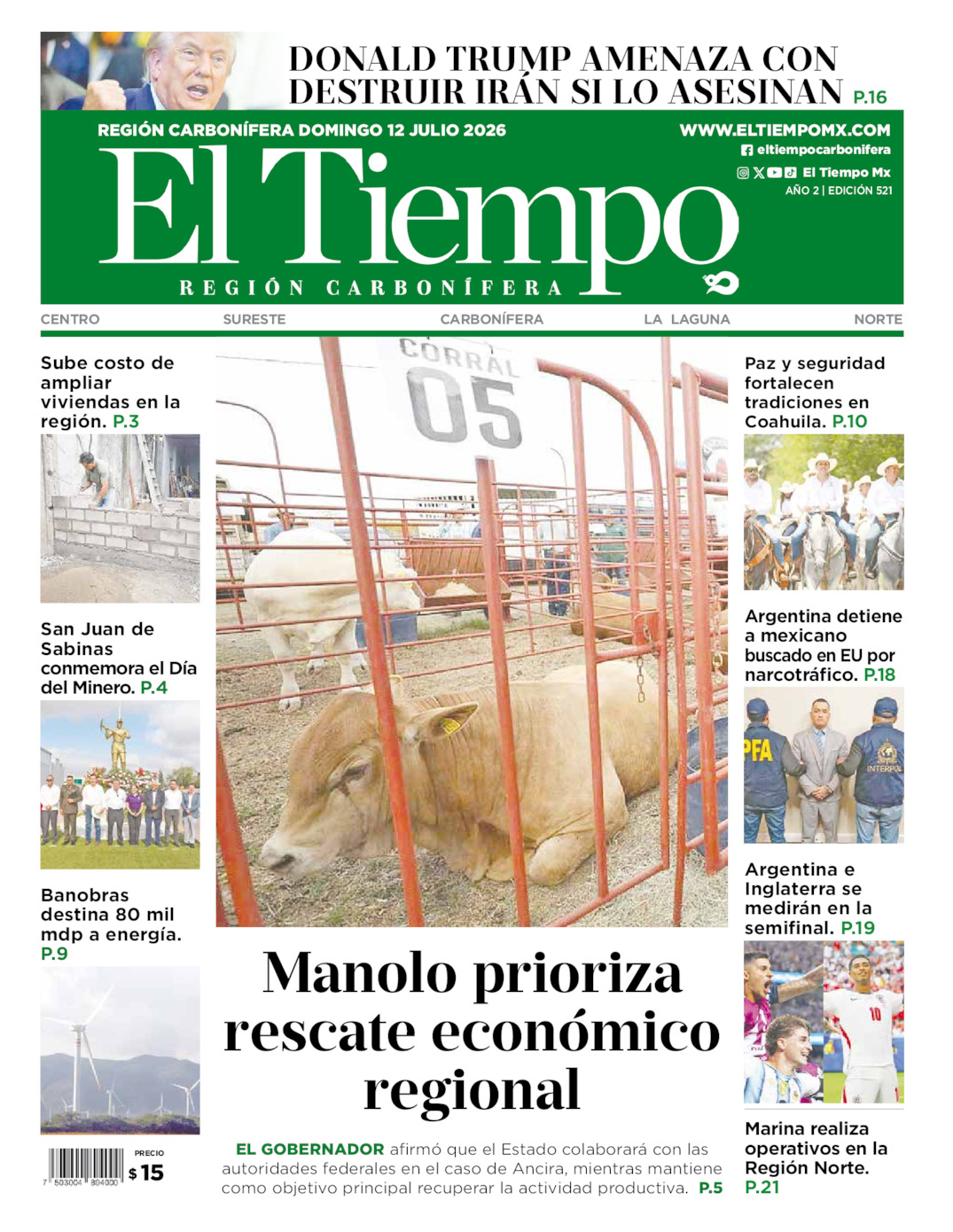 Edición impresa: Portada del domingo 12 de julio de 2026, El Tiempo región <strong>Carbonífera</strong>