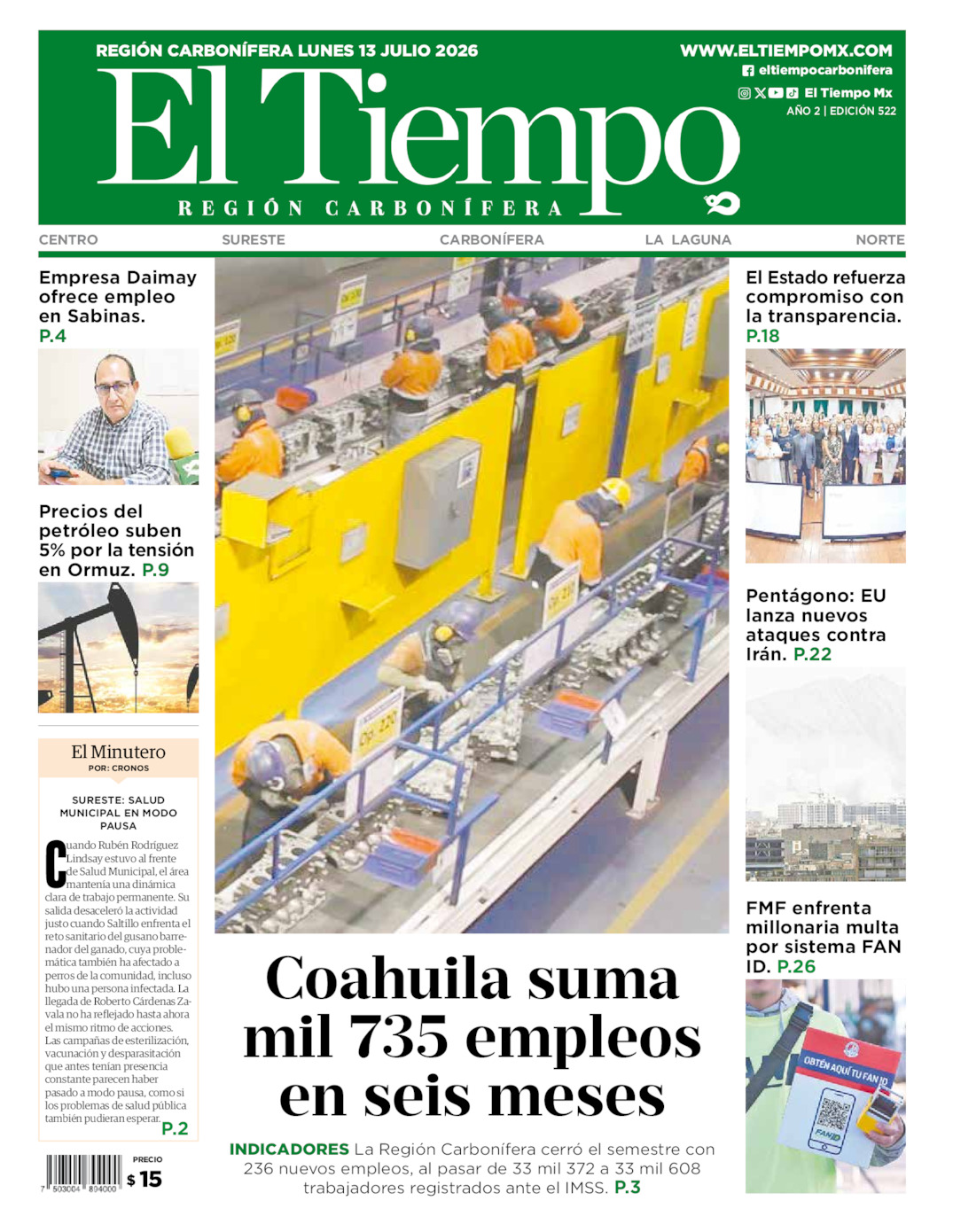 Edición impresa: Portada del lunes 13 de julio de 2026, El Tiempo región <strong>Carbonífera</strong>