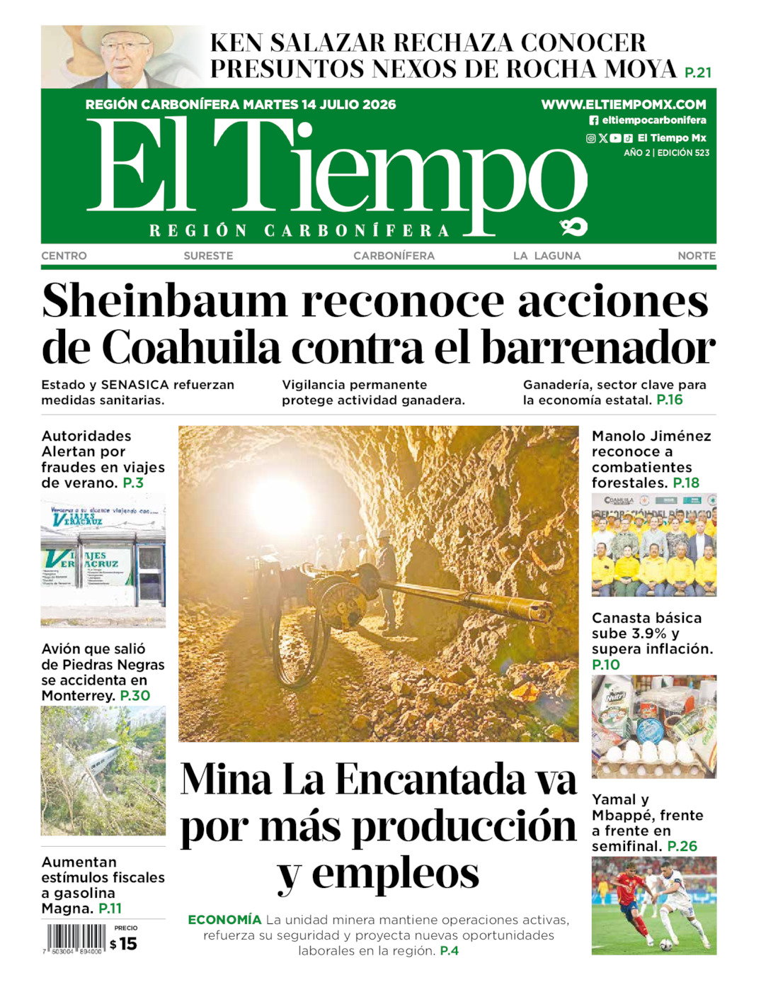 Edición impresa: Portada del martes 14 de julio de 2026, El Tiempo región <strong>Carbonífera</strong>