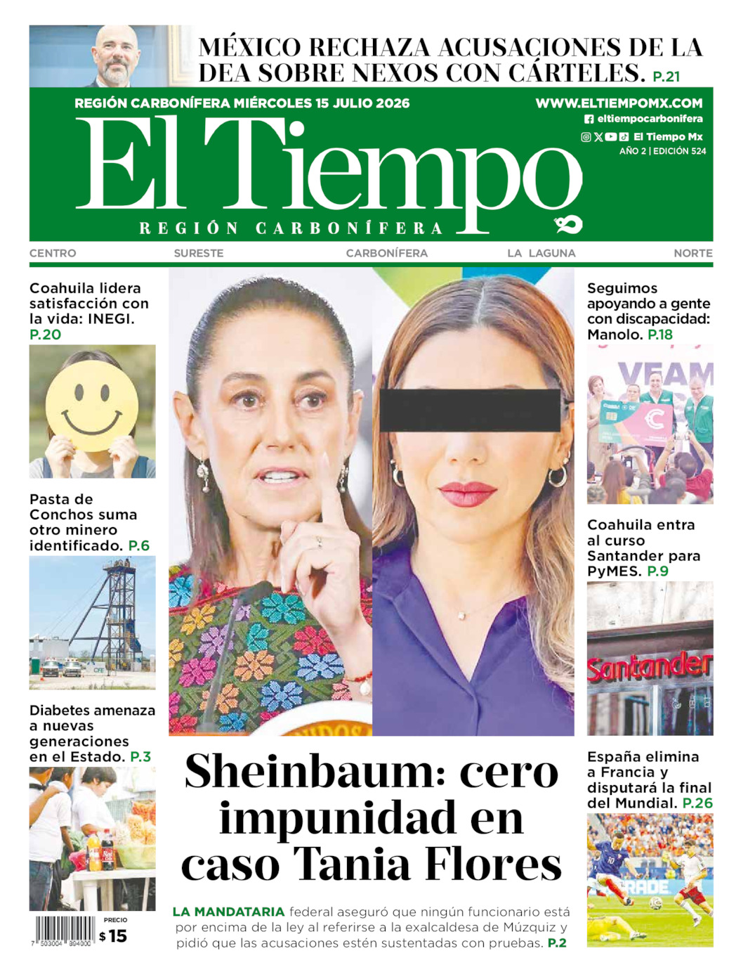 Edición impresa: Portada del miércoles 15 de julio de 2026, El Tiempo región <strong>Carbonífera</strong>