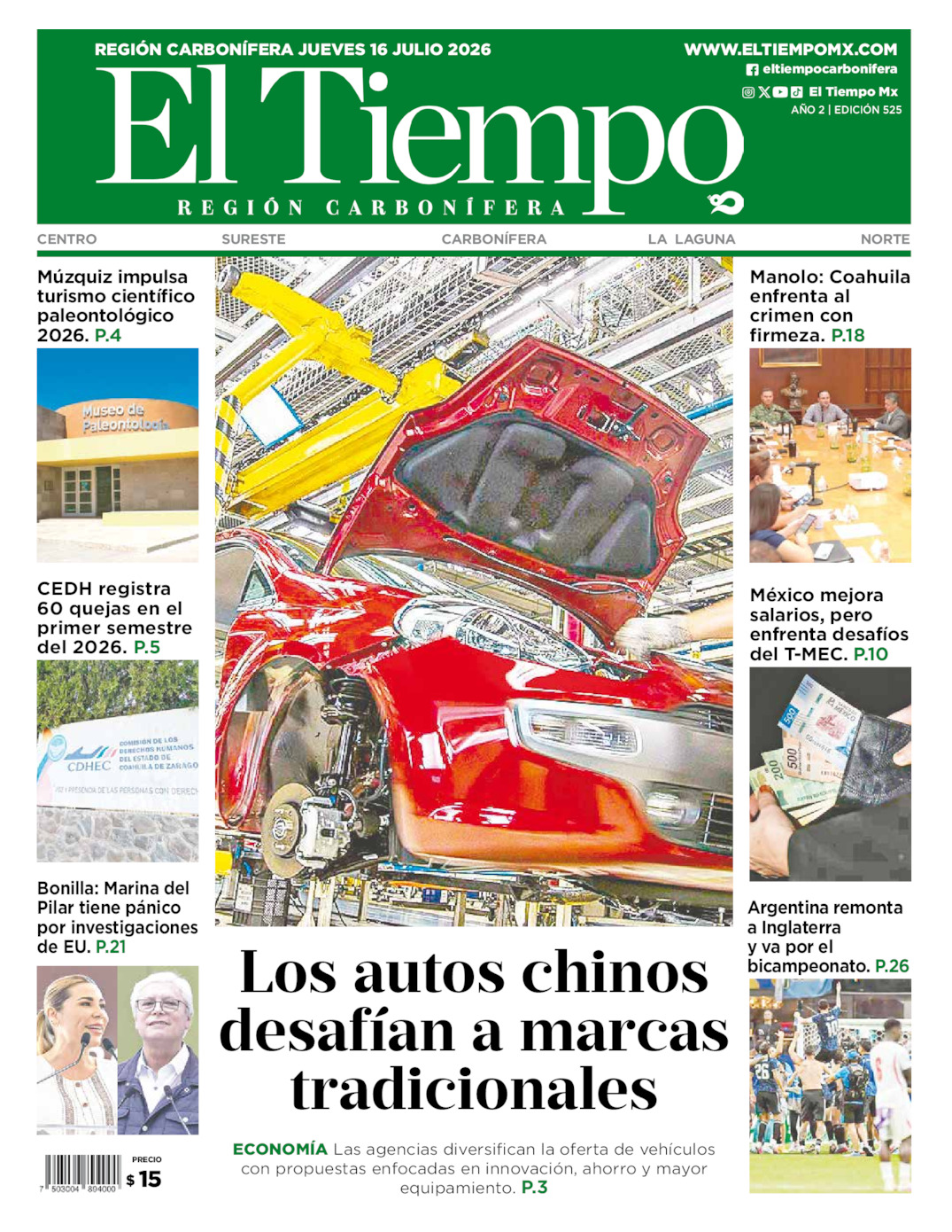 Edición impresa: Portada del jueves 16 de julio de 2026, El Tiempo región <strong>Carbonífera</strong>