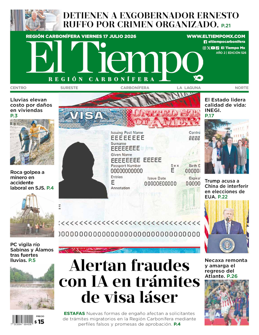 Edición impresa: Portada del viernes 17 de julio de 2026, El Tiempo región <strong>Carbonífera</strong>