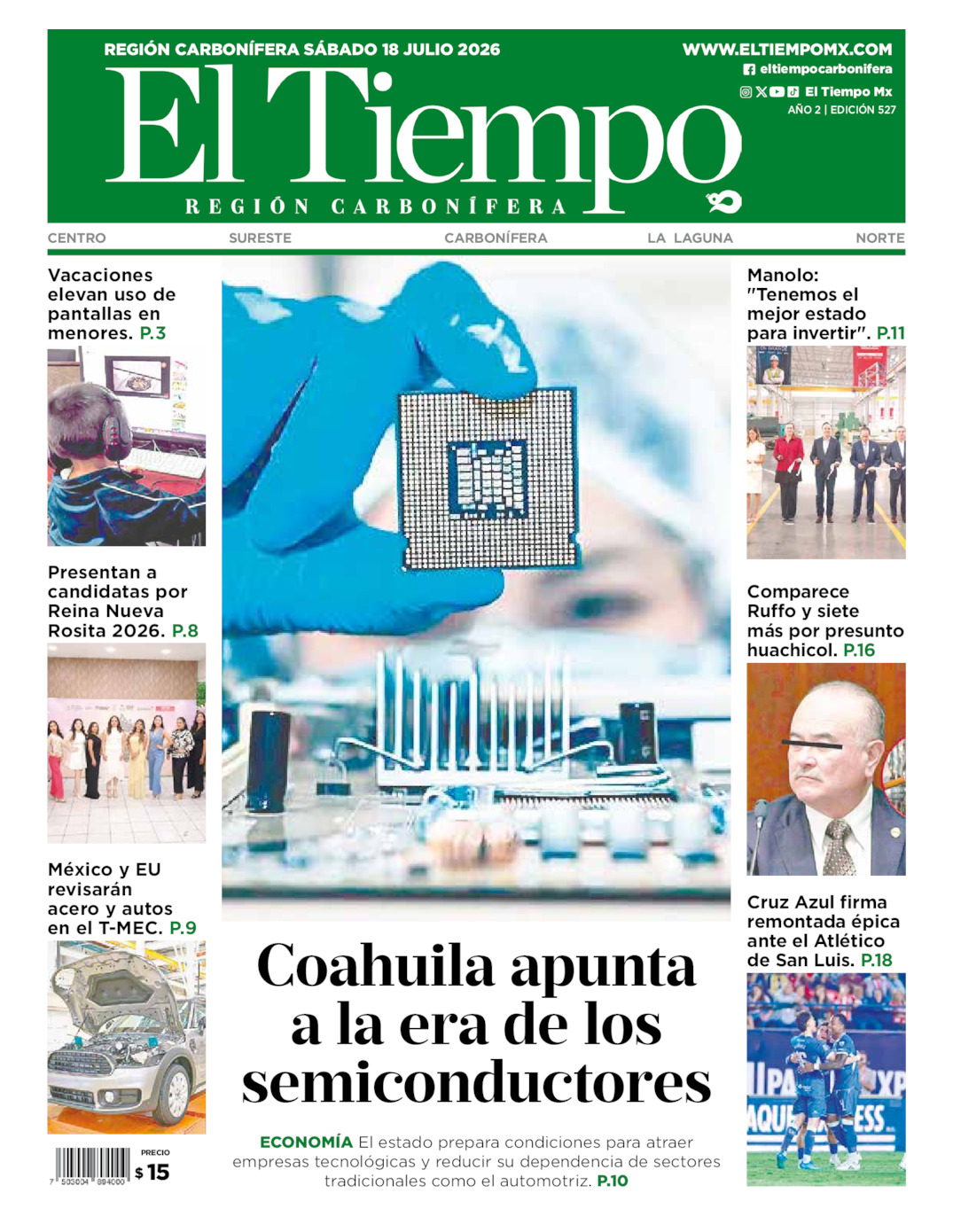 Edición impresa: Portada del sábado 18 de julio de 2026, El Tiempo región <strong>Carbonífera</strong>