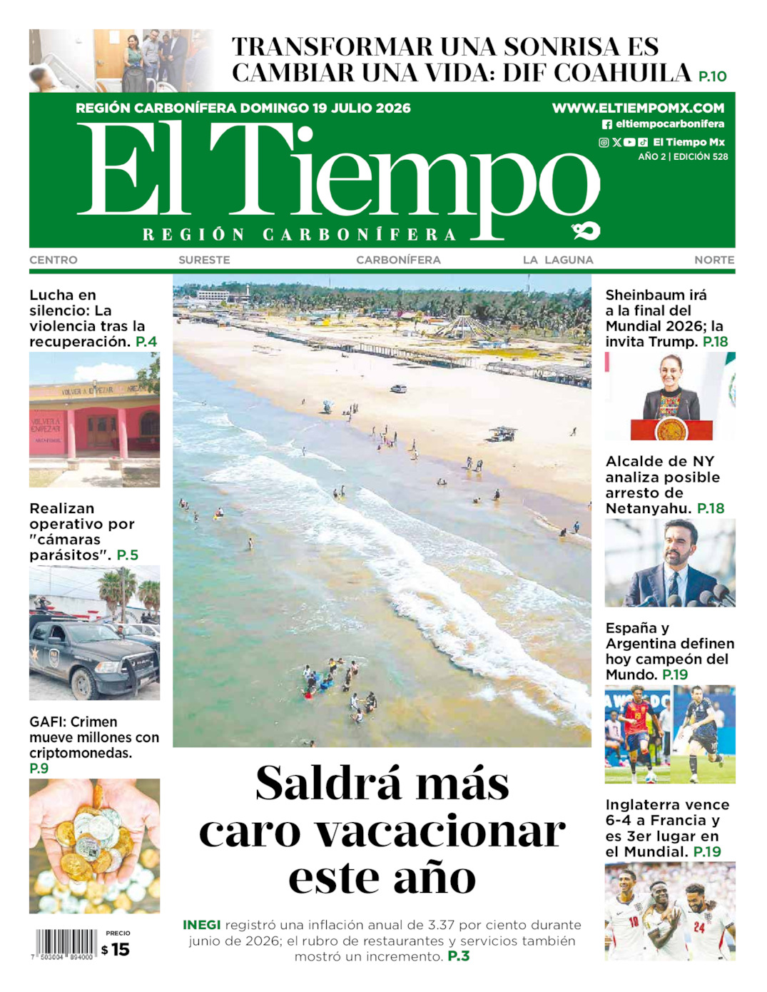 Edición impresa: Portada del domingo 19 de julio de 2026, El Tiempo región <strong>Carbonífera</strong>
