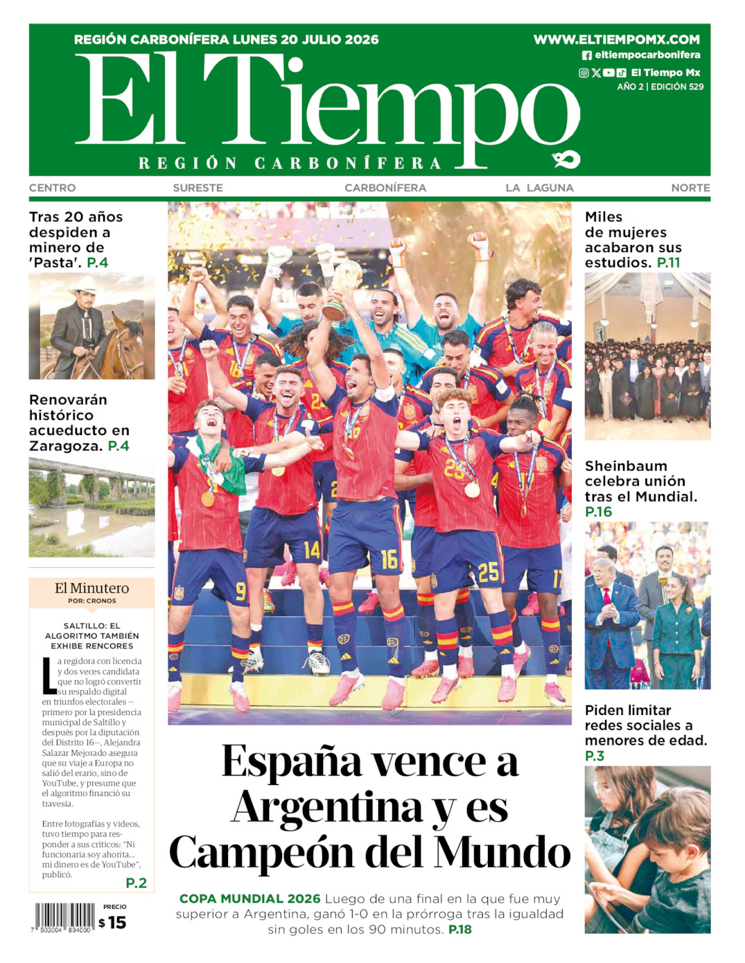Edición impresa: Portada del lunes 20 de julio de 2026, El Tiempo región <strong>Carbonífera</strong>