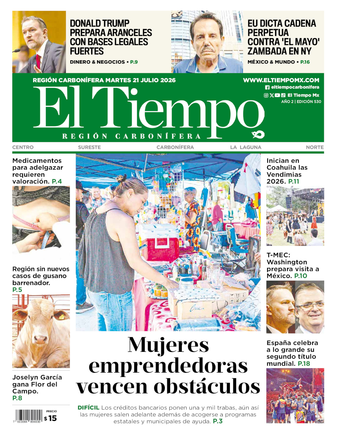 Edición impresa: Portada del martes 21 de julio de 2026, El Tiempo región <strong>Carbonífera</strong>