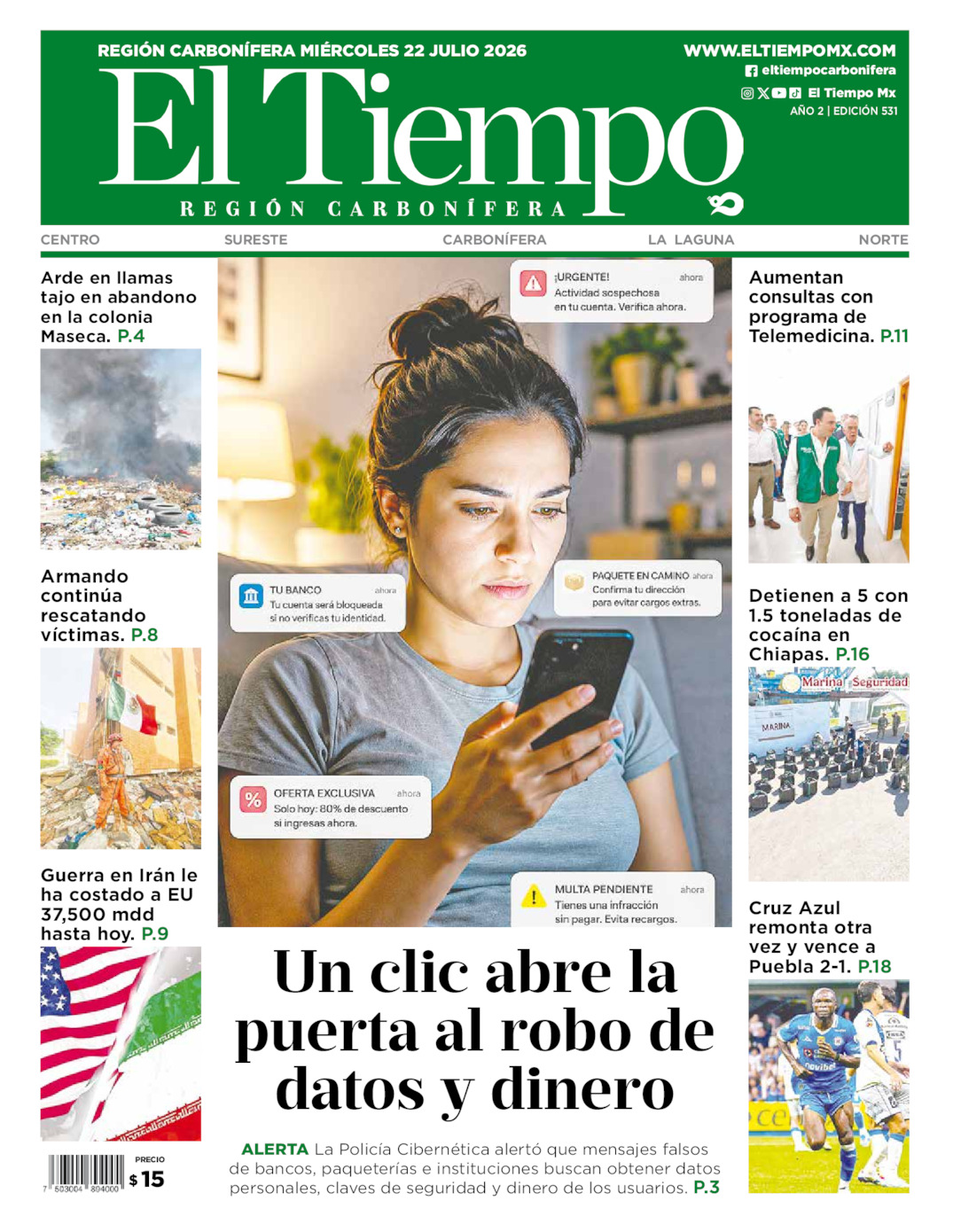 Edición impresa: Portada del miércoles 22 de julio de 2026, El Tiempo región <strong>Carbonífera</strong>