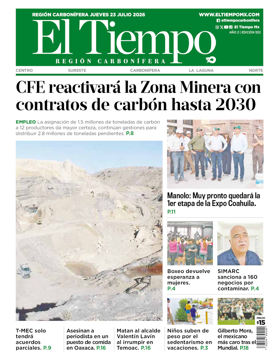 Edición impresa: Portada del jueves 23 de julio de 2026, El Tiempo región <strong>Carbonífera</strong>