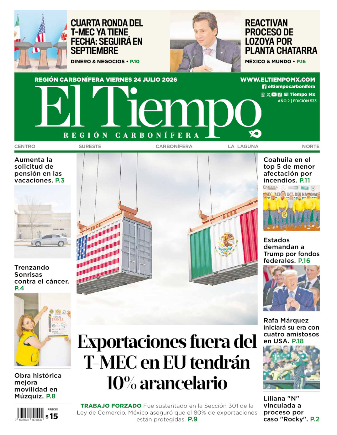 Edición impresa: Portada del viernes 24 de julio de 2026, El Tiempo región <strong>Carbonífera</strong>