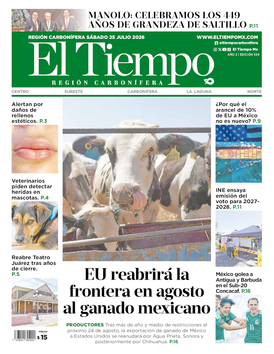 Edición impresa: Portada del sábado 25 de julio de 2026, El Tiempo región <strong>Carbonífera</strong>