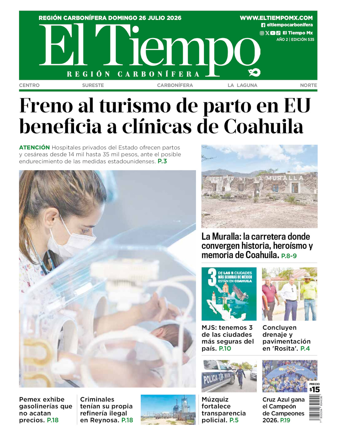 Edición impresa: Portada del domingo 26 de julio de 2026, El Tiempo región <strong>Carbonífera</strong>