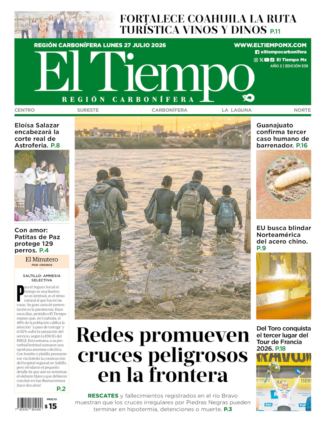 Edición impresa: Portada del lunes 27 de julio de 2026, El Tiempo región <strong>Carbonífera</strong>