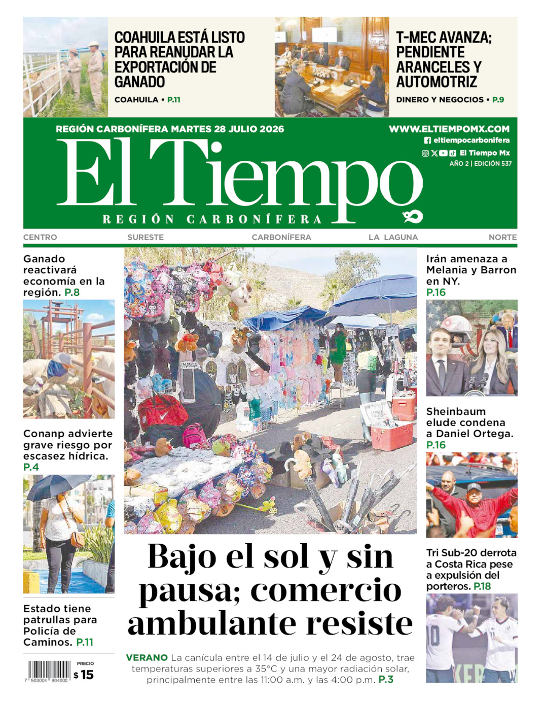 Edición impresa: Portada del martes 28 de julio de 2026, El Tiempo región <strong>Carbonífera</strong>