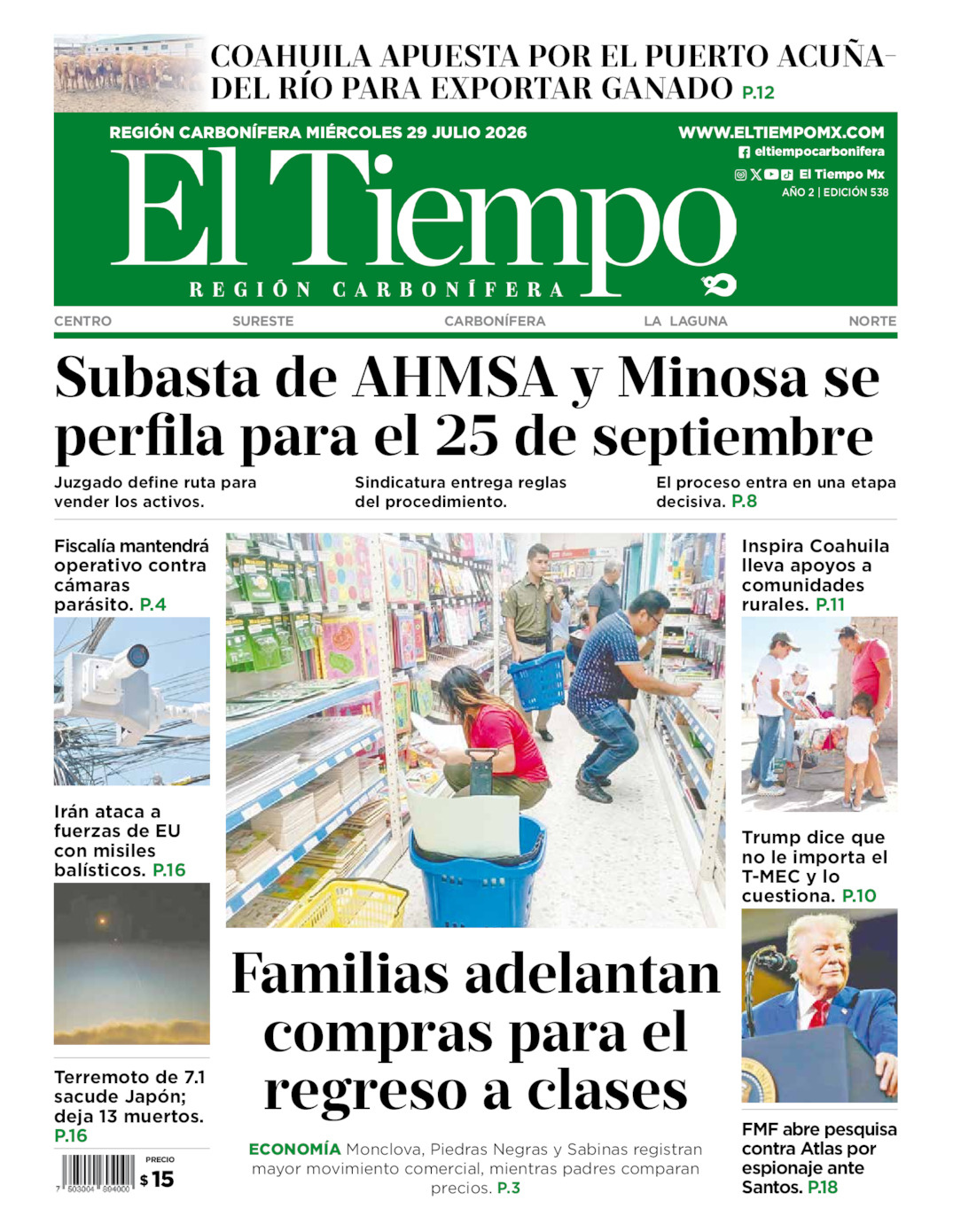 Edición impresa: Portada del miércoles 29 de julio de 2026, El Tiempo región <strong>Carbonífera</strong>