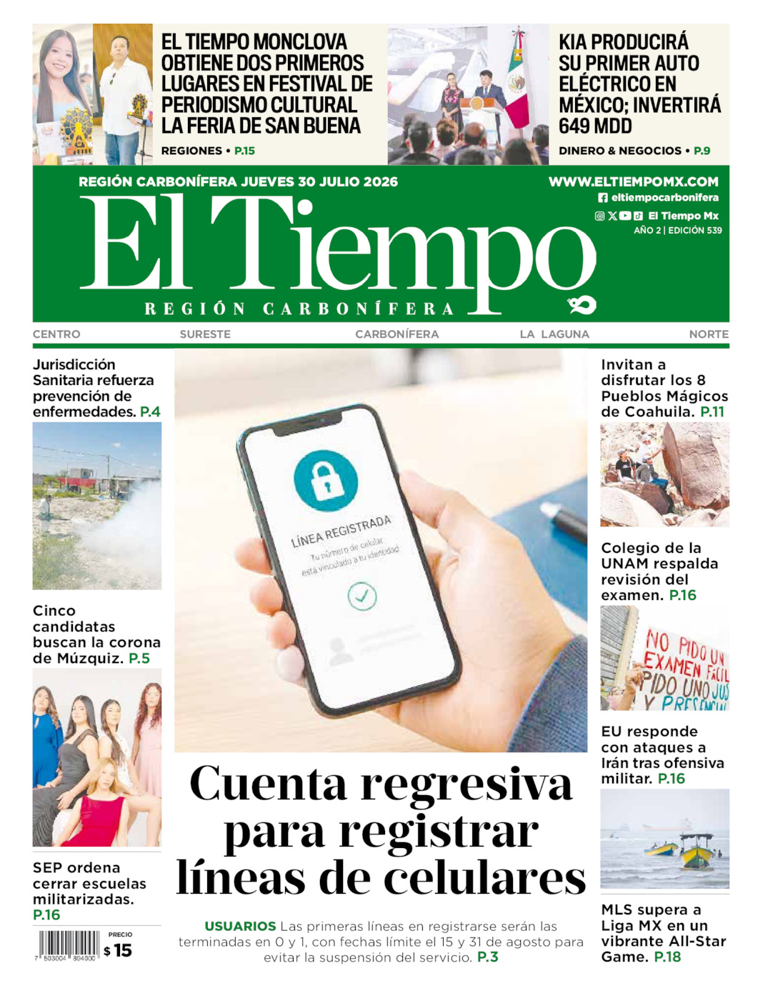 Edición impresa: Portada del jueves 30 de julio de 2026, El Tiempo región <strong>Carbonífera</strong>