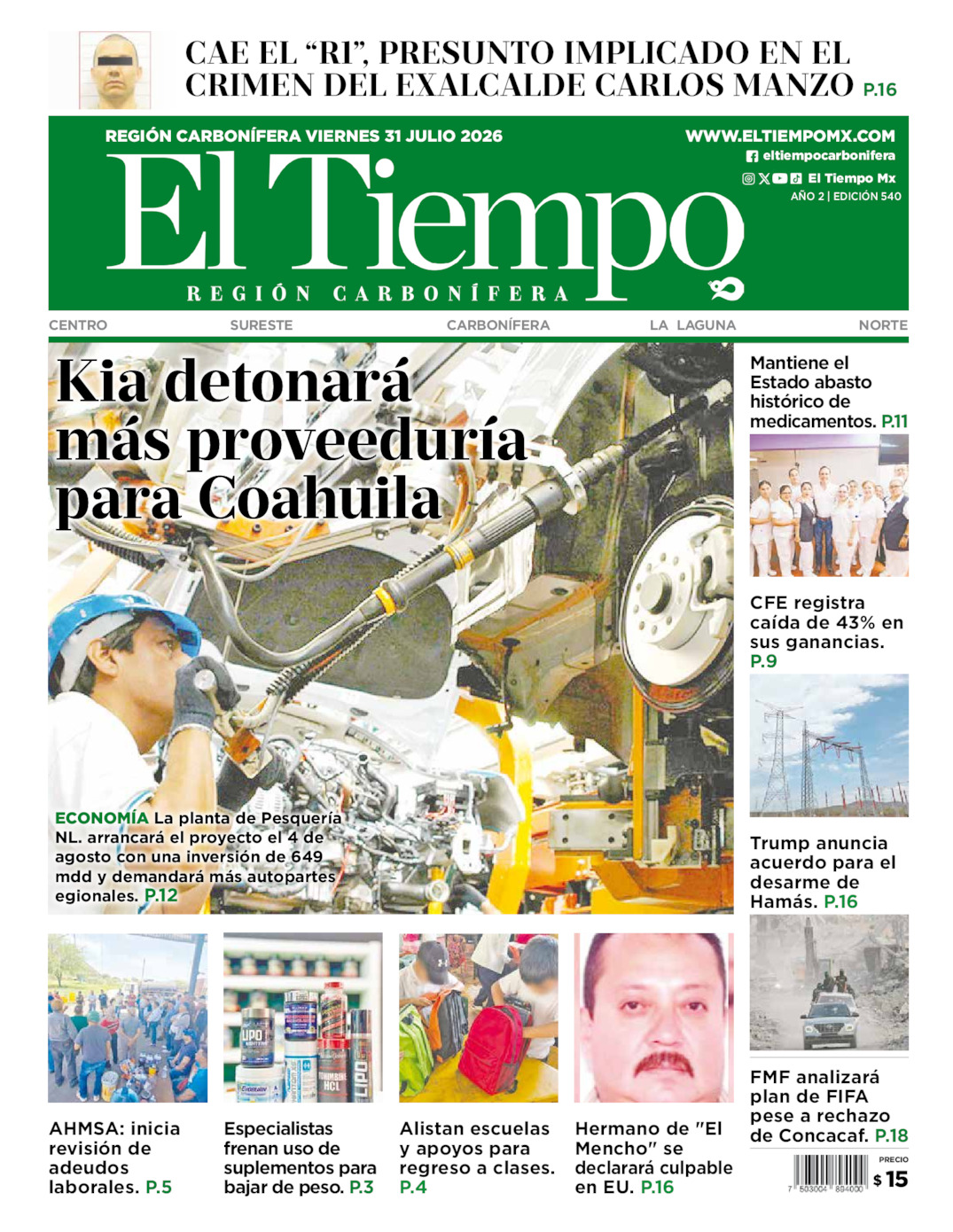 Edición impresa: Portada del viernes 31 de julio de 2026, El Tiempo región <strong>Carbonífera</strong>