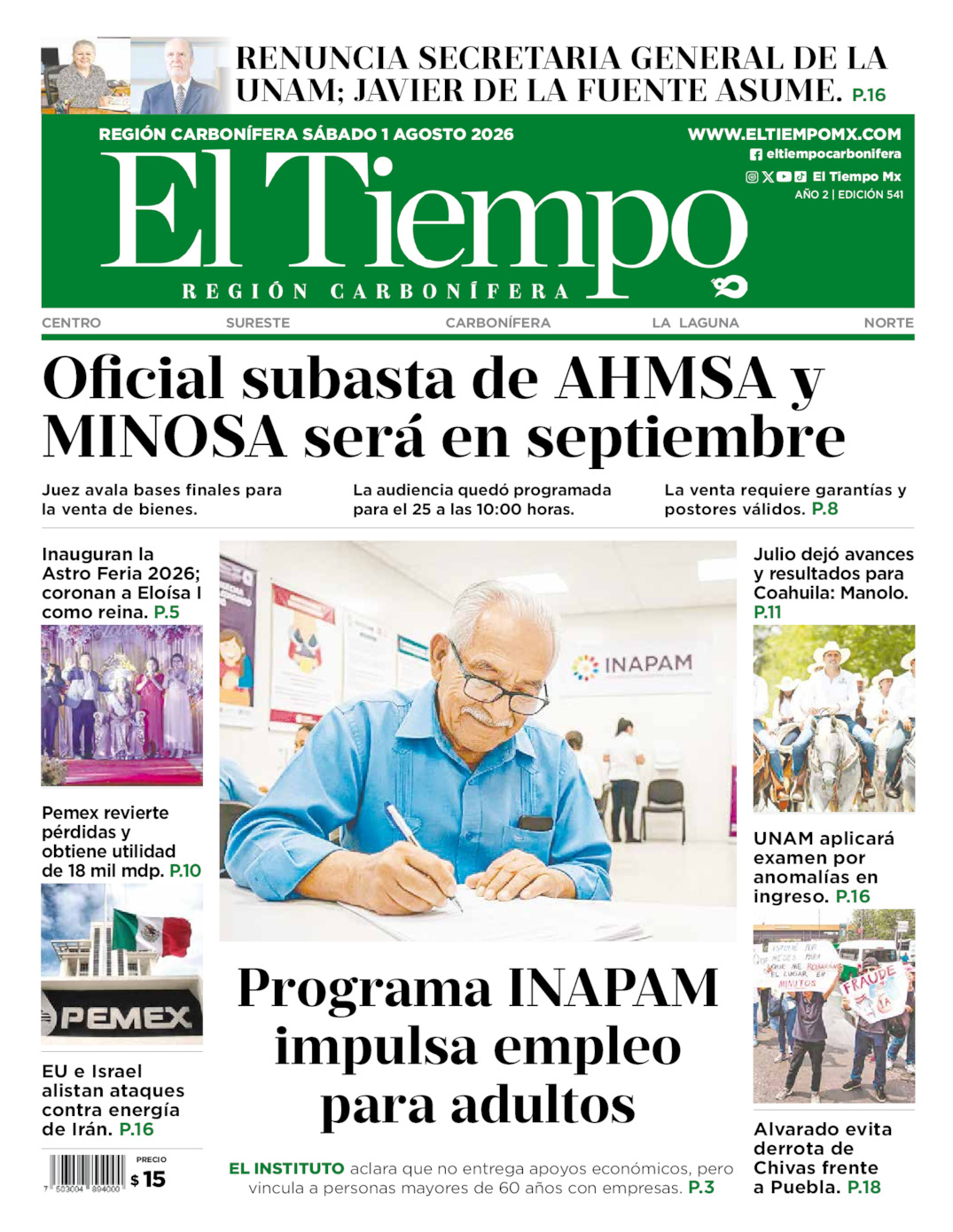 Edición impresa: Portada del sábado 01 de agosto de 2026, El Tiempo región <strong>Carbonífera</strong>