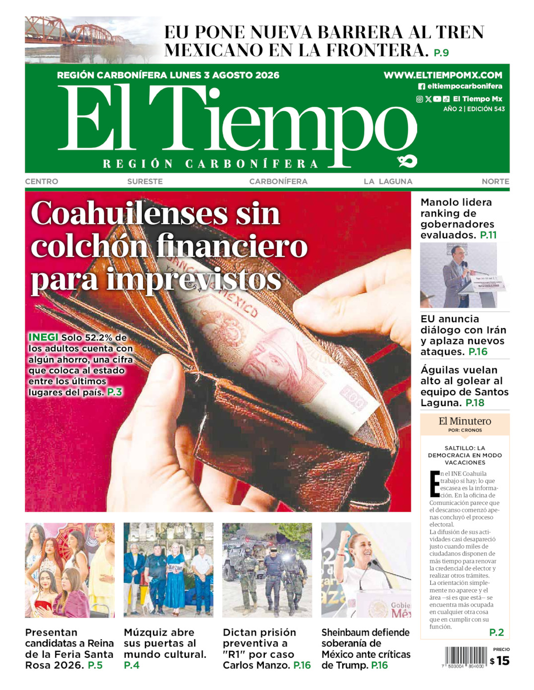 Edición impresa: Portada del lunes 03 de agosto de 2026, El Tiempo región <strong>Carbonífera</strong>