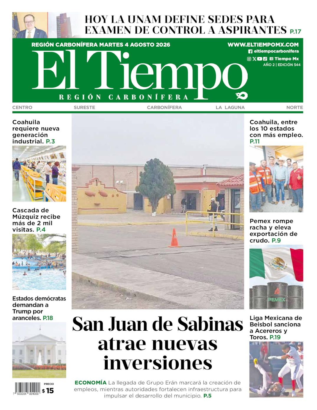 Edición impresa: Portada del martes 04 de agosto de 2026, El Tiempo región <strong>Carbonífera</strong>