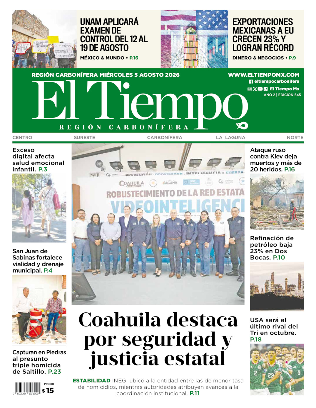 Edición impresa: Portada del miércoles 05 de agosto de 2026, El Tiempo región <strong>Carbonífera</strong>