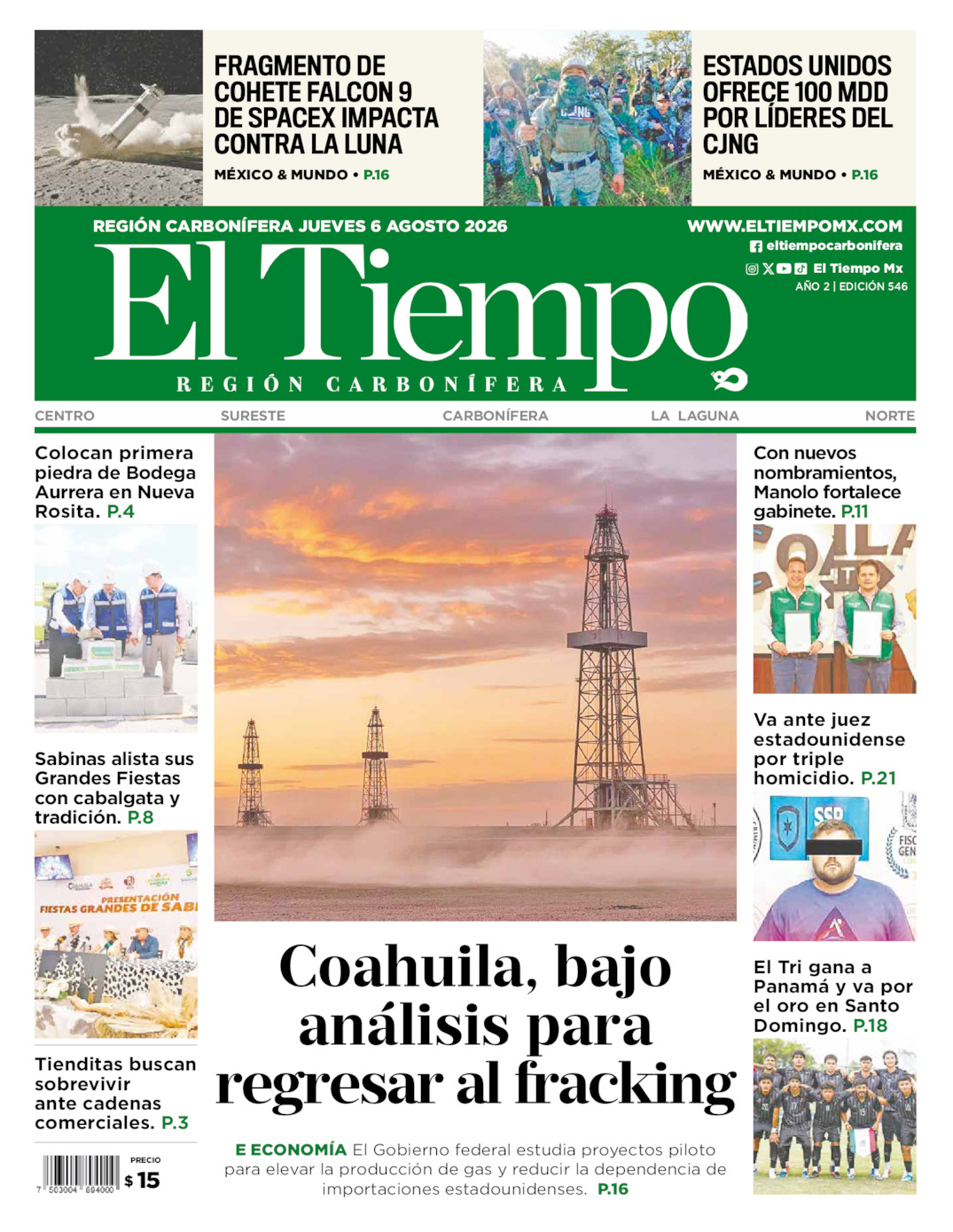 Edición impresa: Portada del jueves 06 de agosto de 2026, El Tiempo región <strong>Carbonífera</strong>