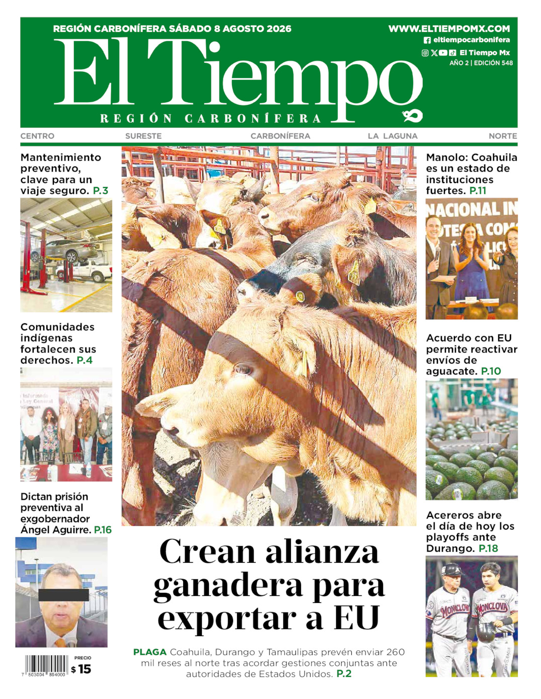 Edición impresa: Portada del sábado 08 de agosto de 2026, El Tiempo región <strong>Carbonífera</strong>