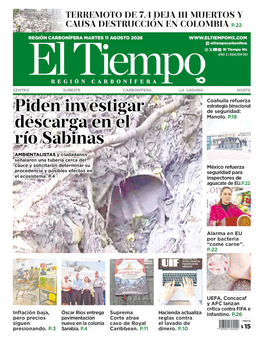 Edición impresa: Portada del martes 11 de agosto de 2026, El Tiempo región <strong>Carbonífera</strong>