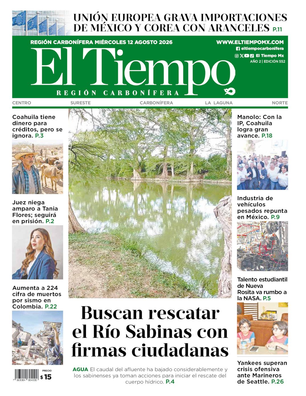 Edición impresa: Portada del miércoles 12 de agosto de 2026, El Tiempo región <strong>Carbonífera</strong>