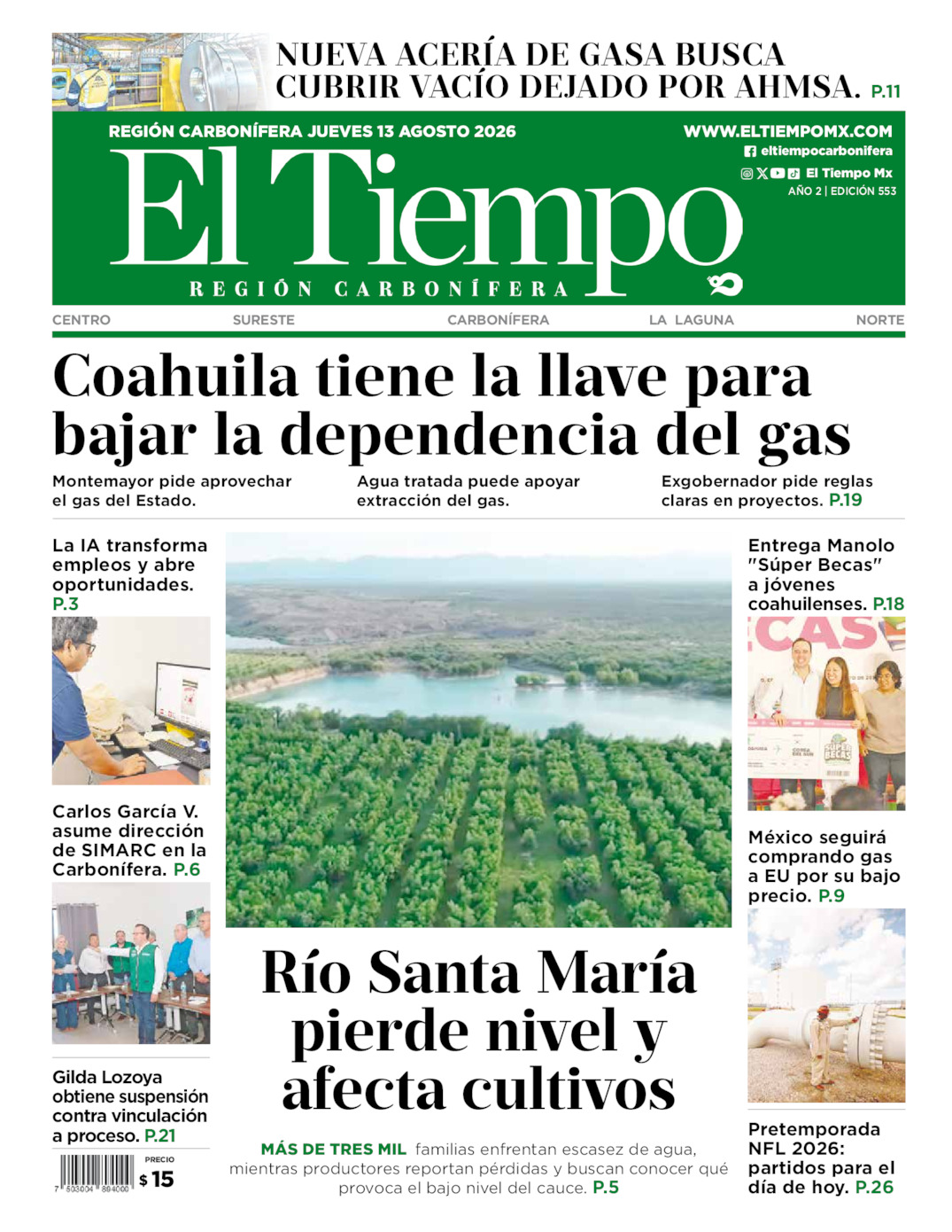 Edición impresa: Portada del jueves 13 de agosto de 2026, El Tiempo región <strong>Carbonífera</strong>