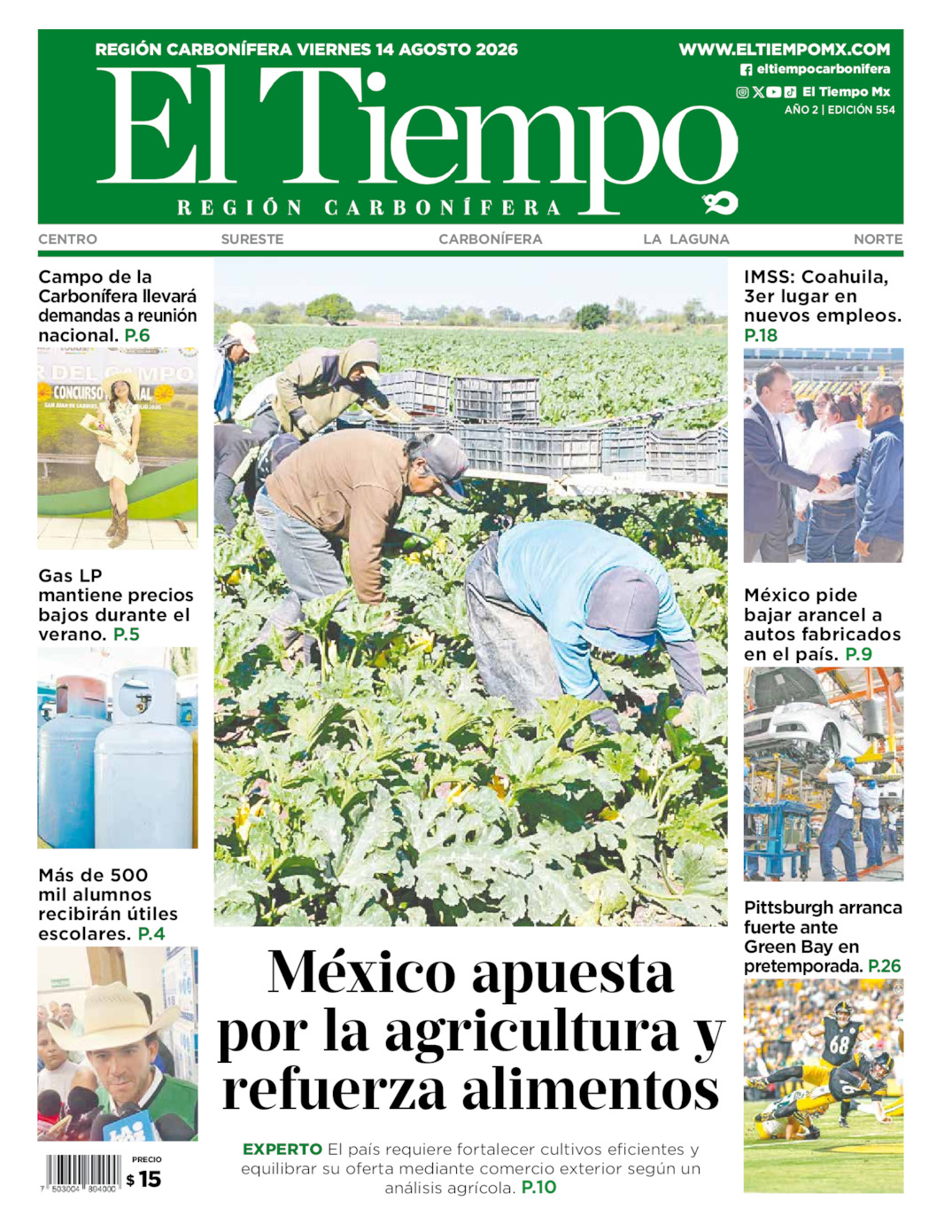 Edición impresa: Portada del viernes 14 de agosto de 2026, El Tiempo región <strong>Carbonífera</strong>
