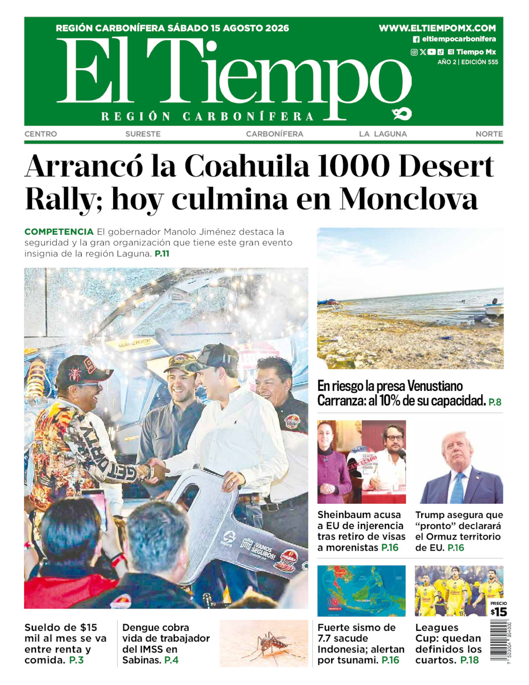 Edición impresa: Portada del sábado 15 de agosto de 2026, El Tiempo región <strong>Carbonífera</strong>