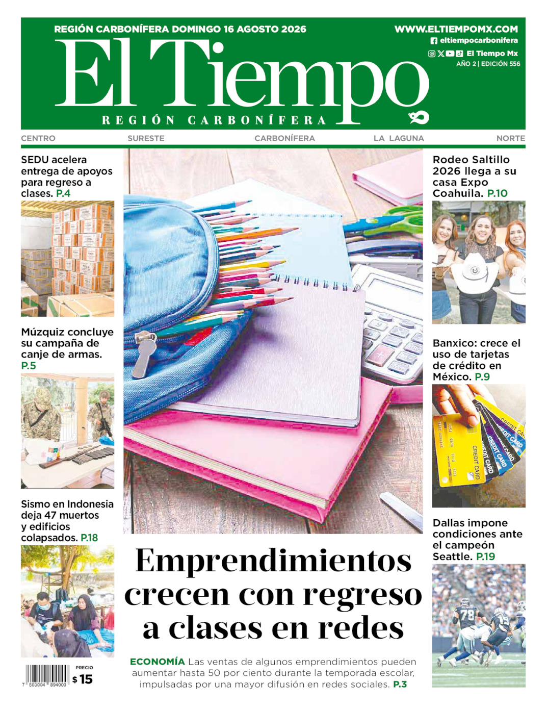 Edición impresa: Portada del domingo 16 de agosto de 2026, El Tiempo región <strong>Carbonífera</strong>