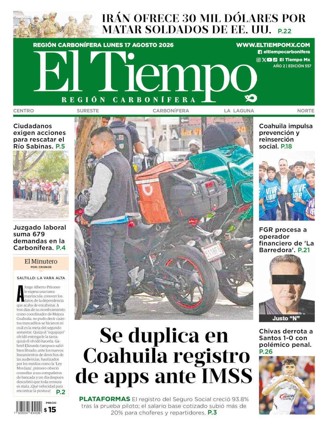 Edición impresa: Portada del lunes 17 de agosto de 2026, El Tiempo región <strong>Carbonífera</strong>