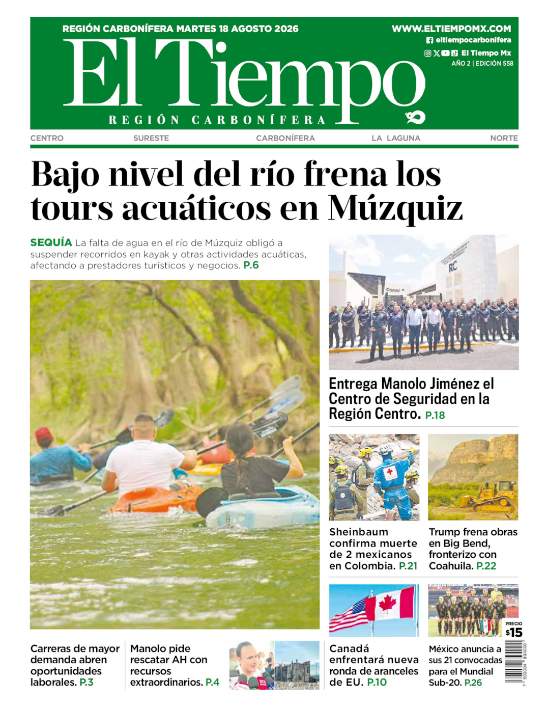 Edición impresa: Portada del martes 18 de agosto de 2026, El Tiempo región <strong>Carbonífera</strong>