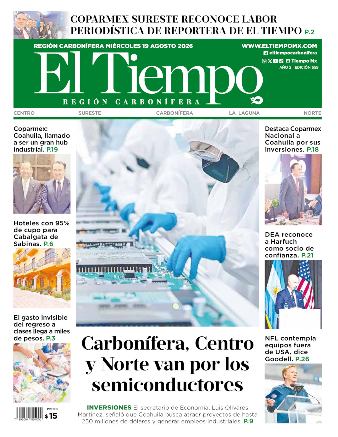 Edición impresa: Portada del miércoles 19 de agosto de 2026, El Tiempo región <strong>Carbonífera</strong>