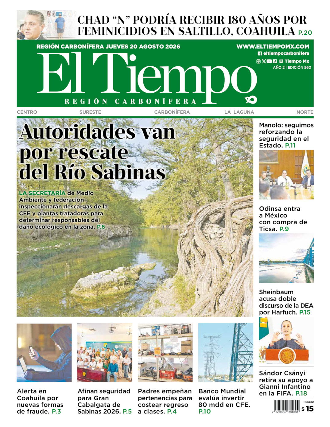 Edición impresa: Portada del jueves 20 de agosto de 2026, El Tiempo región <strong>Carbonífera</strong>