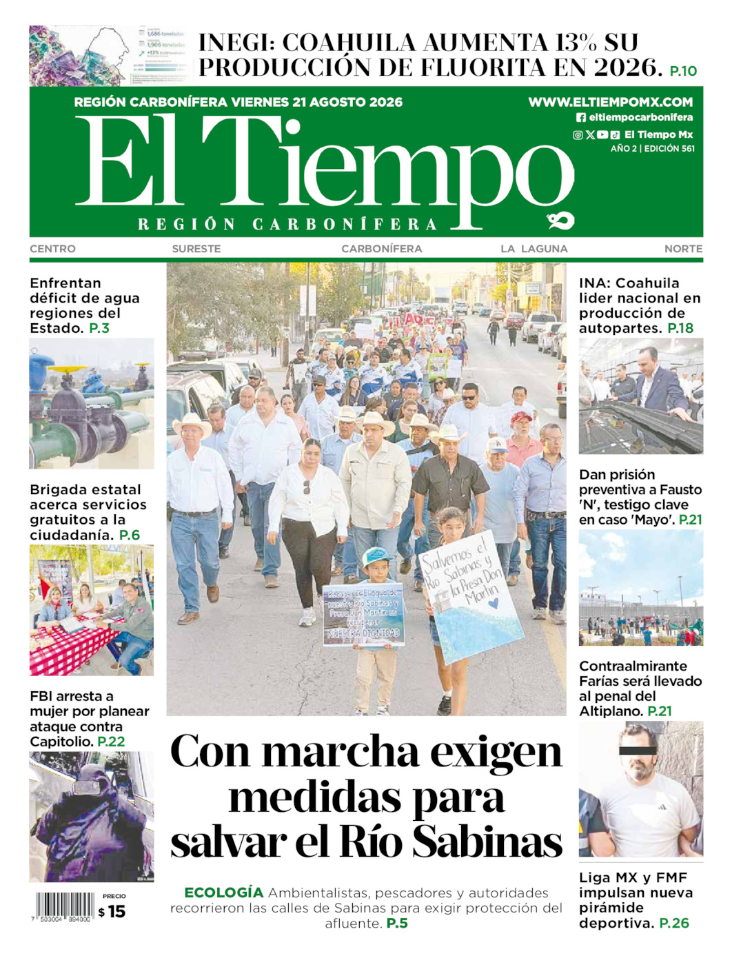 Edición impresa: Portada del viernes 21 de agosto de 2026, El Tiempo región <strong>Carbonífera</strong>