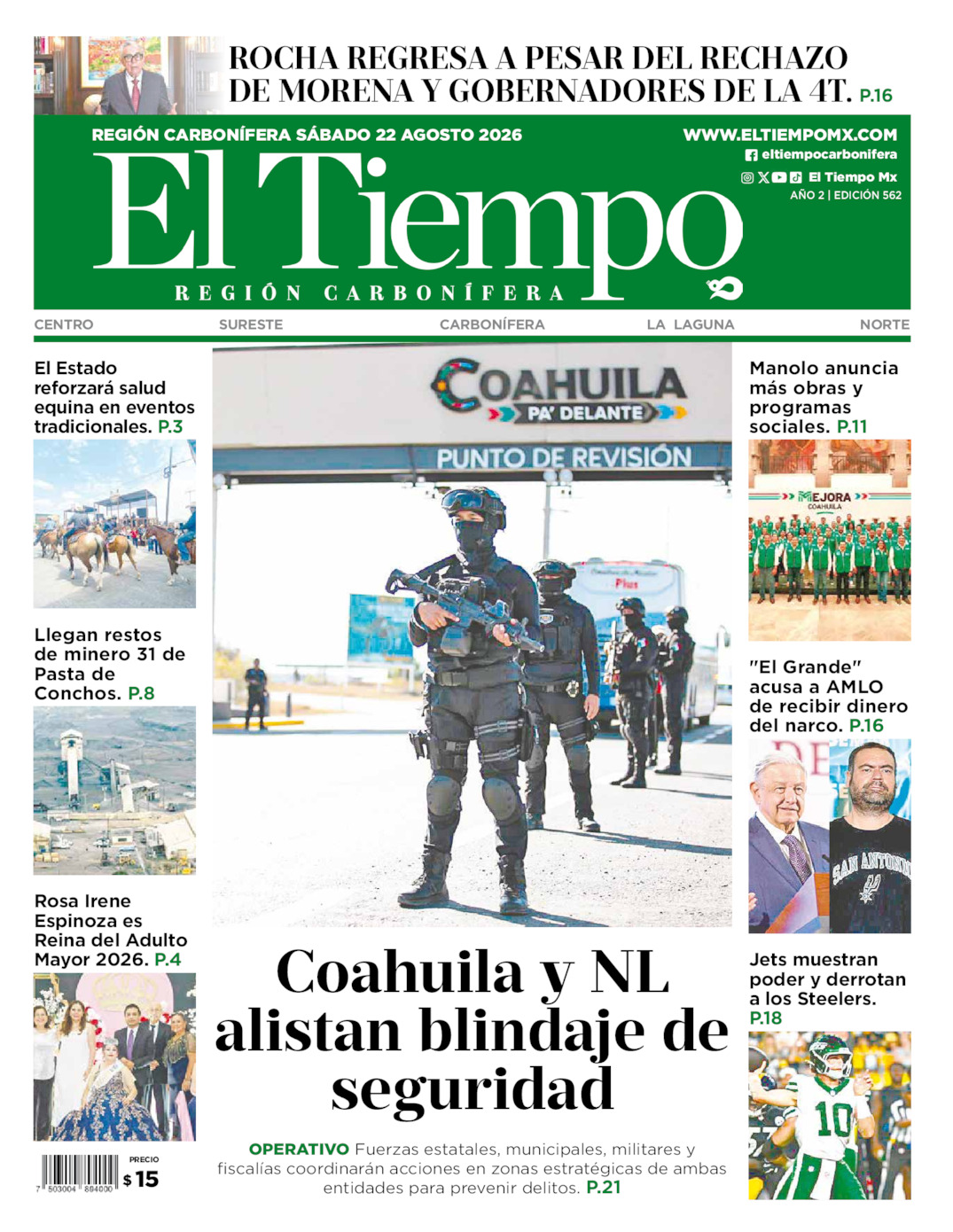 Edición impresa: Portada del sábado 22 de agosto de 2026, El Tiempo región <strong>Carbonífera</strong>